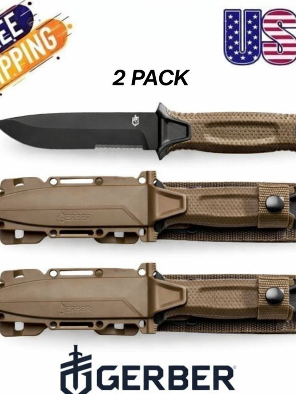 Gerber StrongArm Knife, Coyote Brown Serrated Fixed Blade with Cut - (USA) pack2